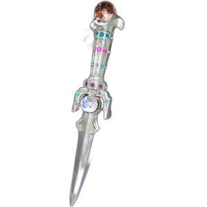 Vintage Pewter Letter Opener with Hilt Inlaid in Colorful Crystals Rose Quartz